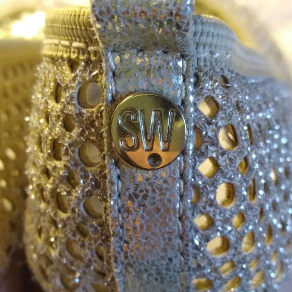 STUART WEITZMAN (3) GIRLS CAY LACE PLATINUM NOIR HEEL WEDGE Size 3  LIKE NEW - Picture 5 of 9